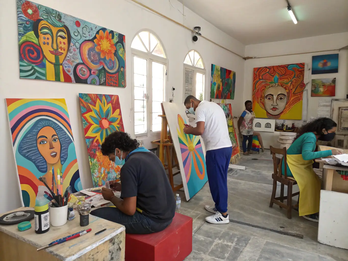 A photograph capturing a vibrant art workshop in progress, with participants actively engaged in painting and sculpting, set against the backdrop of the Lurcy Les Arts exhibition space.