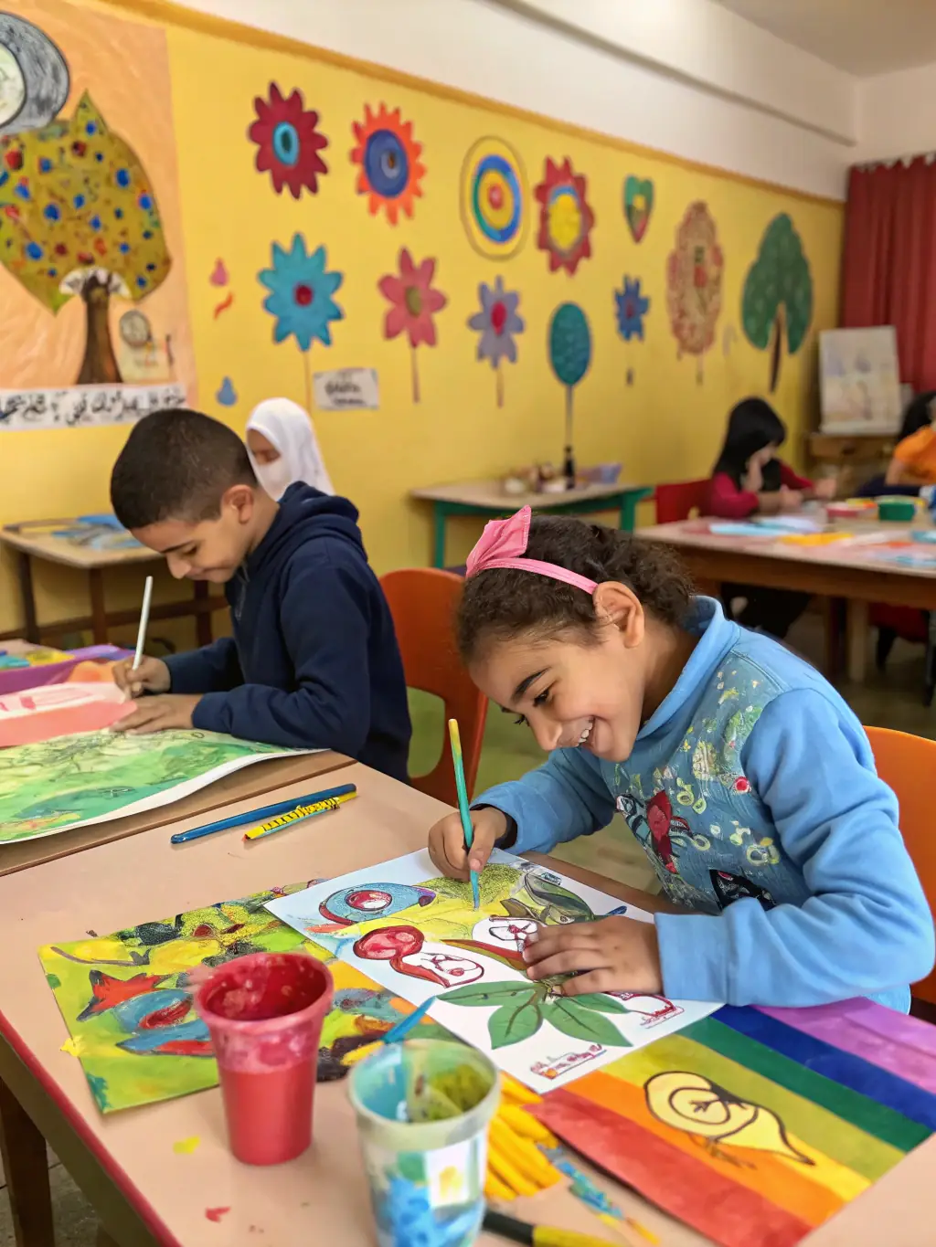 A photograph of children participating in a painting class at the Lurcy Les Arts exhibition, highlighting the educational and engaging activities for young artists.