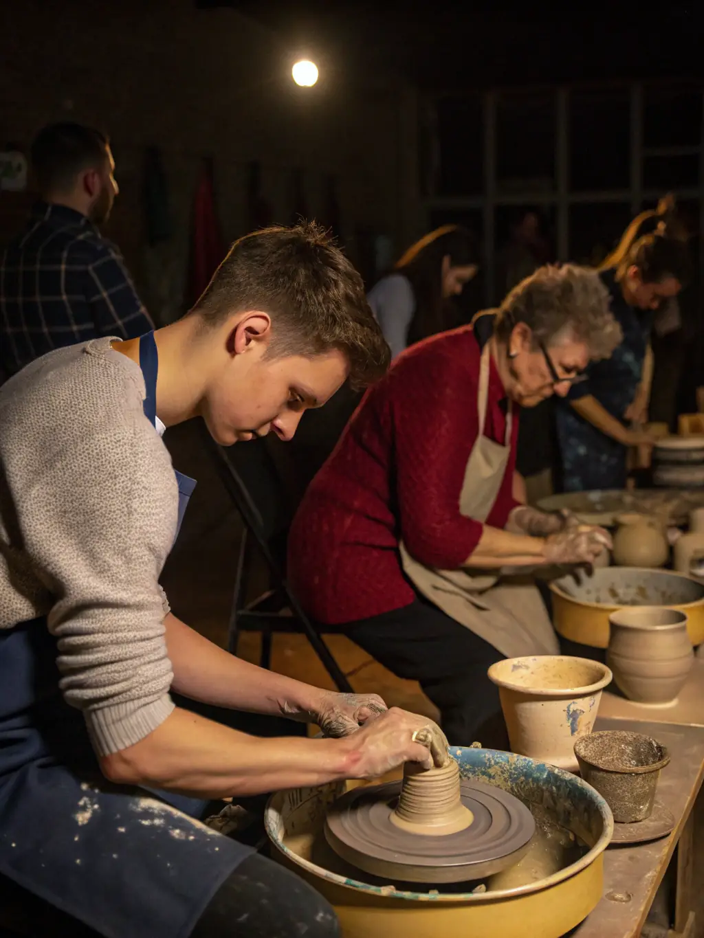 A vibrant photograph capturing participants actively engaged in a pottery workshop at the Lurcy Les Arts exhibition, showcasing hands-on learning and creative expression.