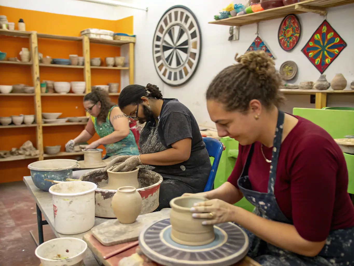 A photograph capturing a pottery workshop in progress, with participants shaping clay under the guidance of an instructor, set in a bright and airy studio during the Lurcy Les Arts exhibition.