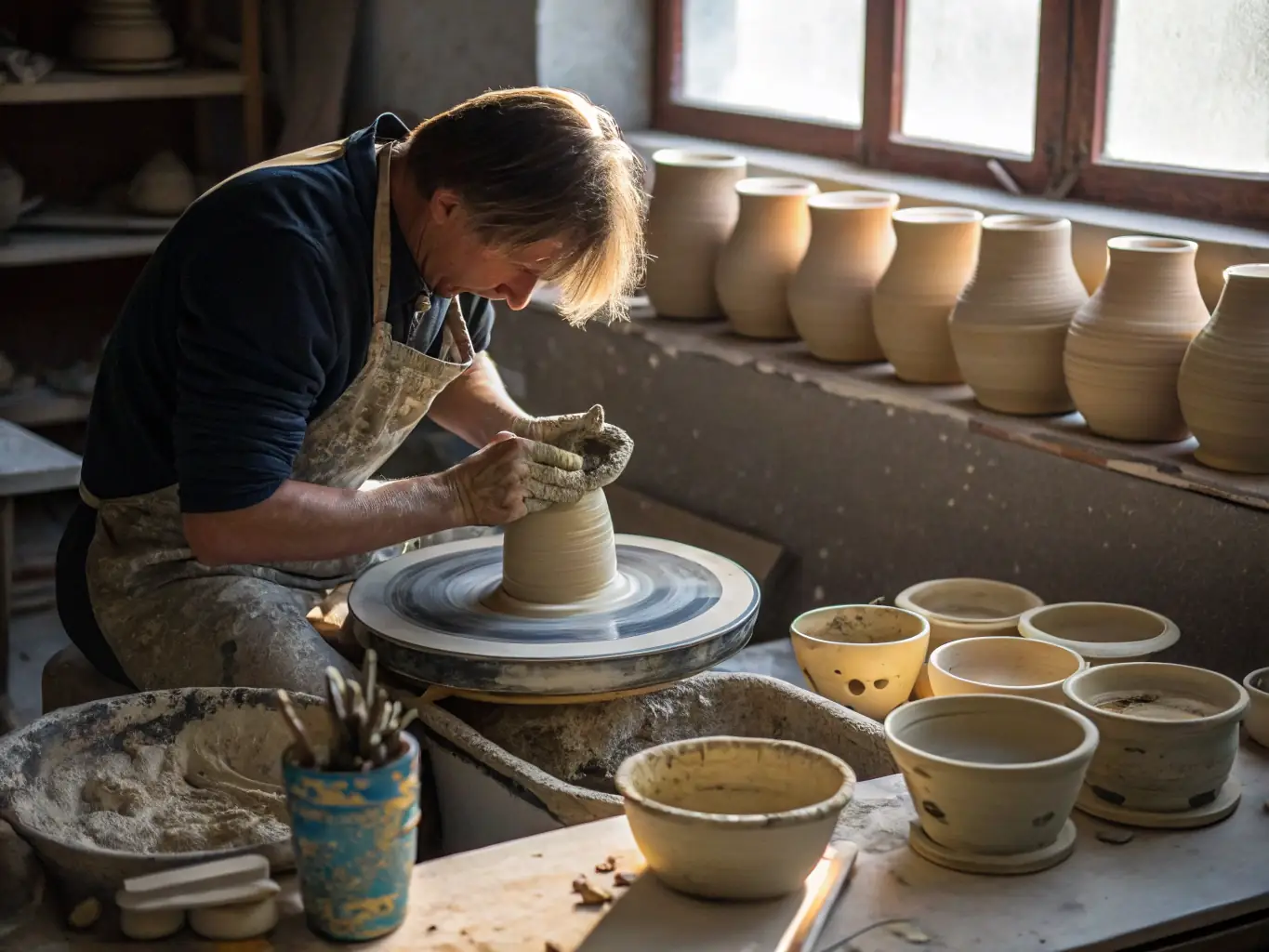 A photograph depicting a ceramics demonstration, with a skilled ceramicist shaping clay on a pottery wheel, surrounded by onlookers at the Lurcy Les Arts exhibition.