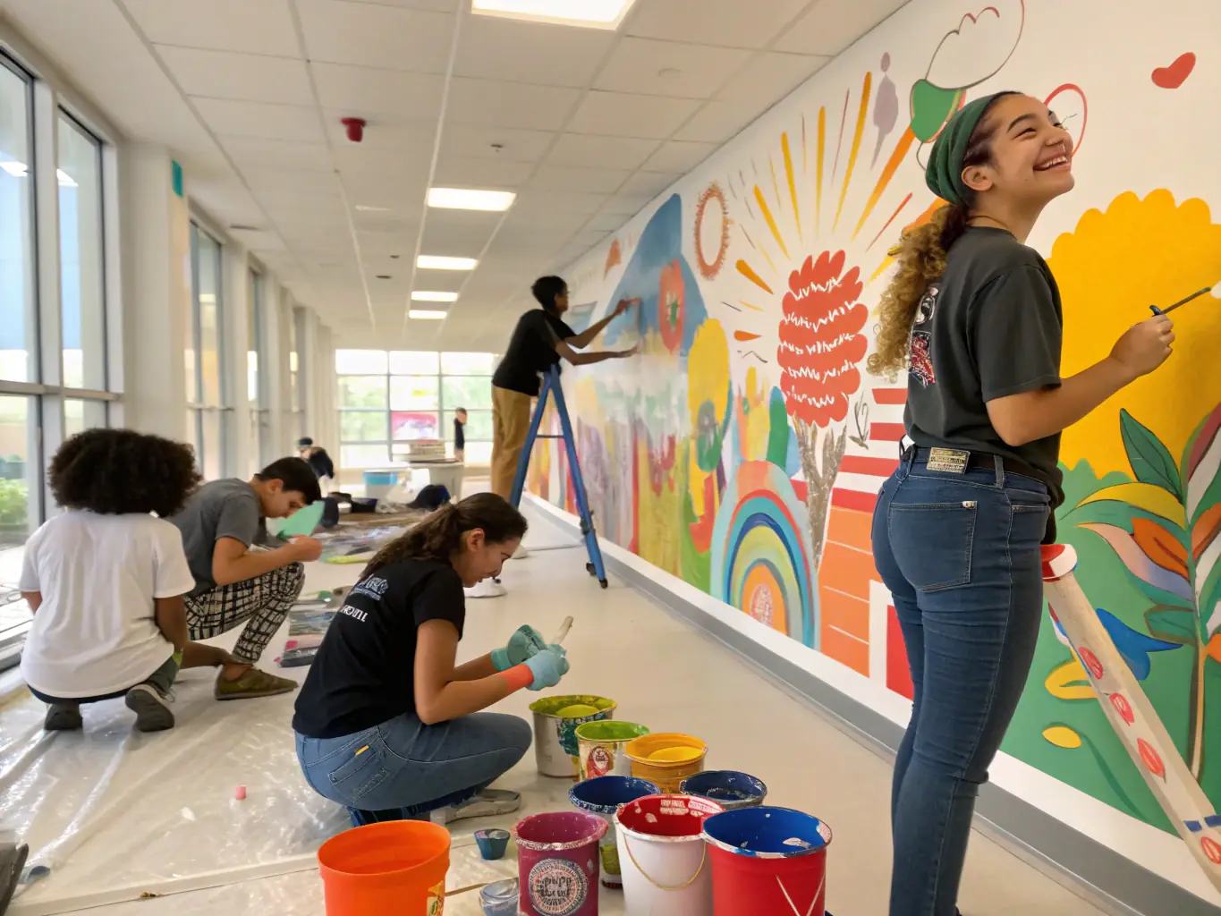 A photograph showing children participating in an art activity, painting colorful murals on a large canvas during the Lurcy Les Arts exhibition.