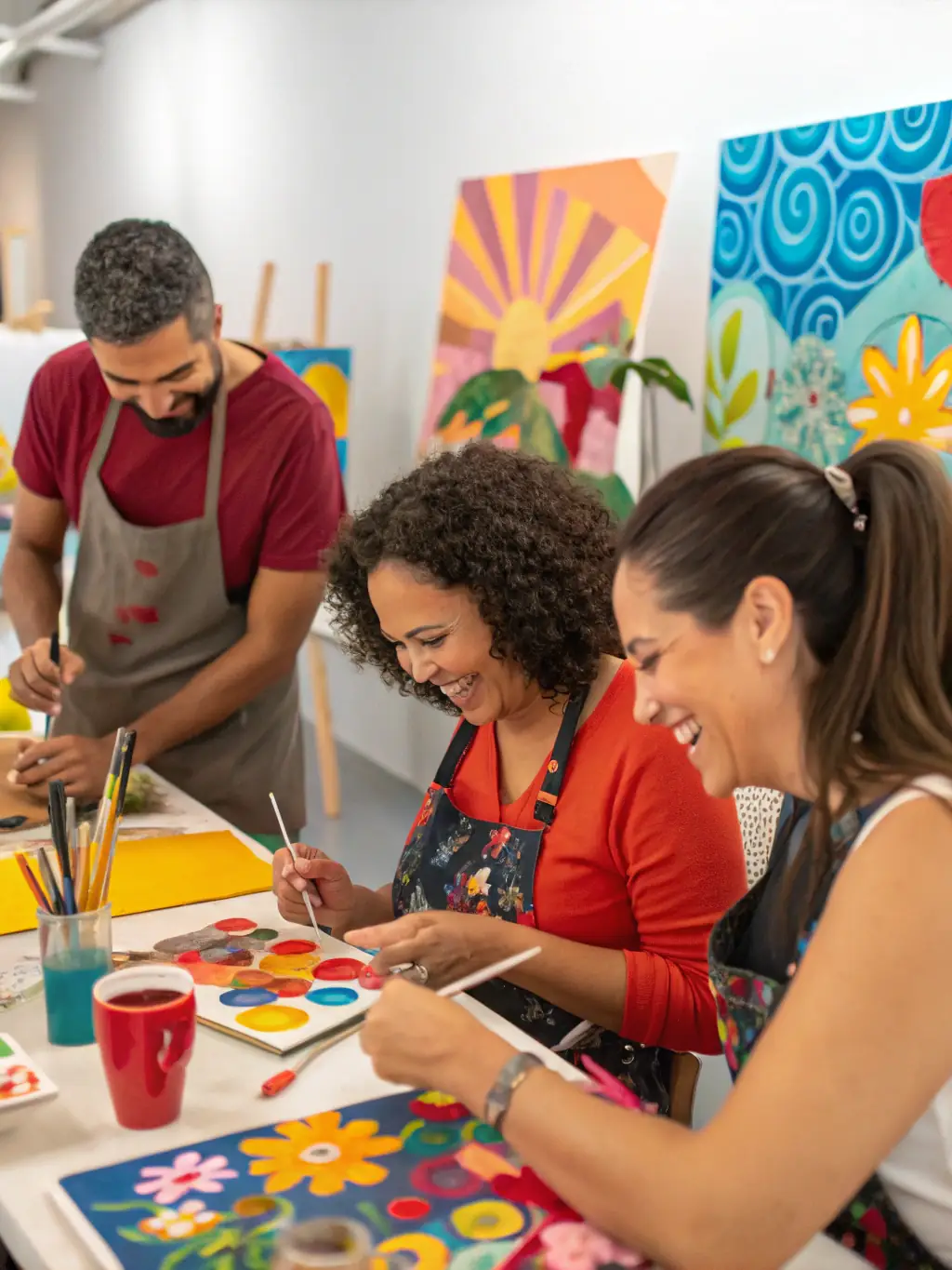 A photograph of community members participating in a collaborative art project at the Lurcy Les Arts exhibition, emphasizing inclusivity and artistic collaboration.